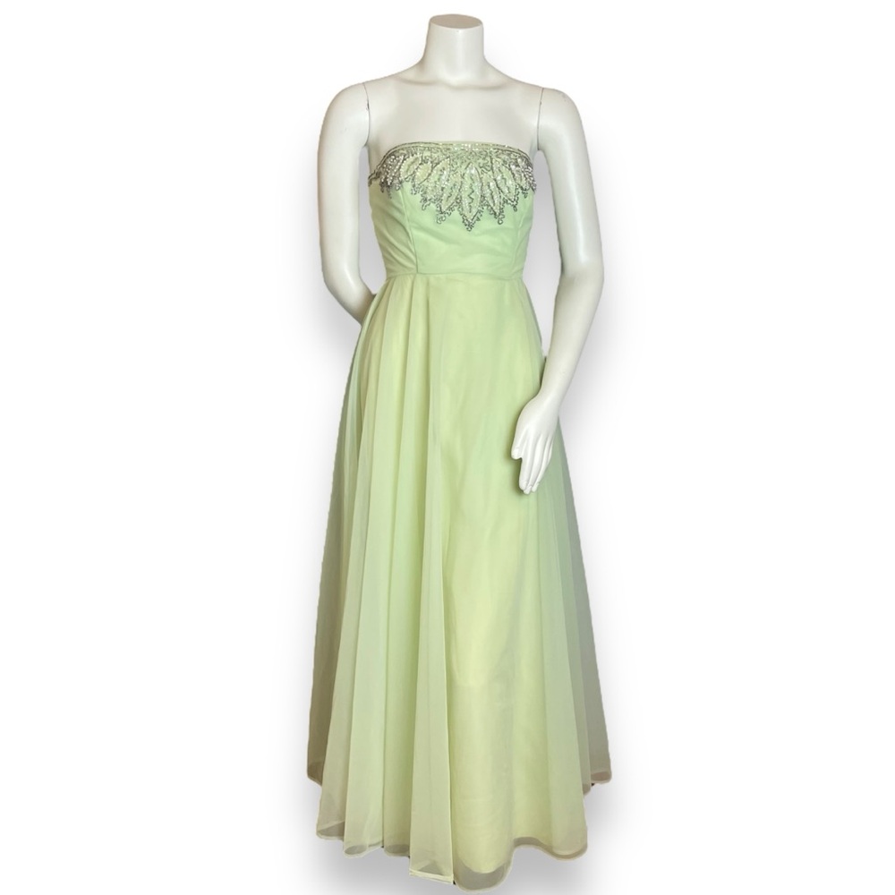 Vintage 50s Formal Dress Prom Strapless Pale Green Elegant Hollywood Glamorous